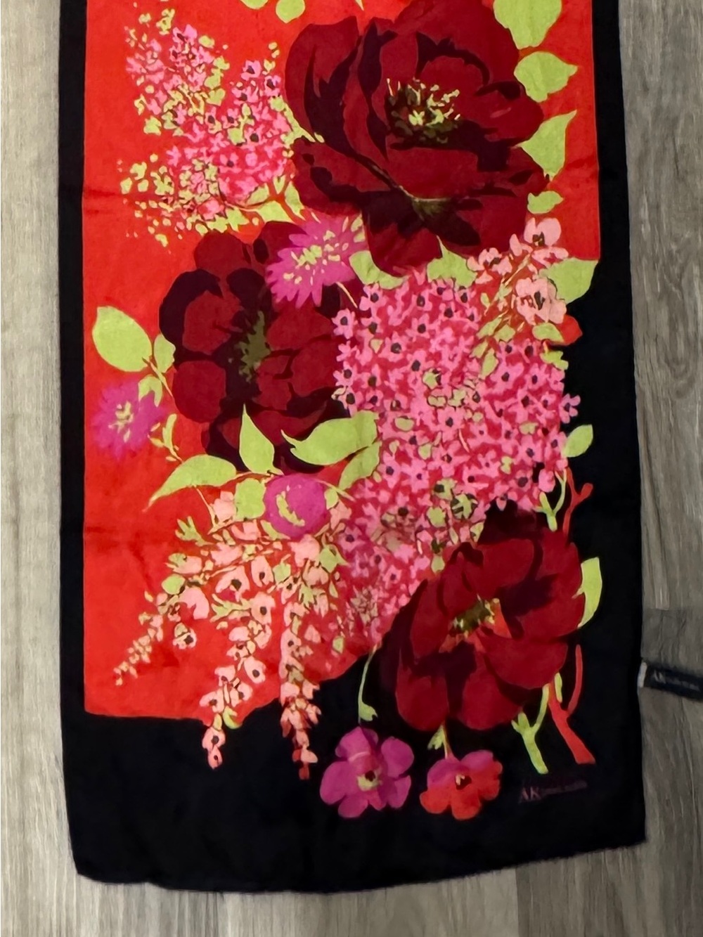Vintage Anne Klein Red Floral 100% Silk Scarf Pink & Green Accents 60”x14”